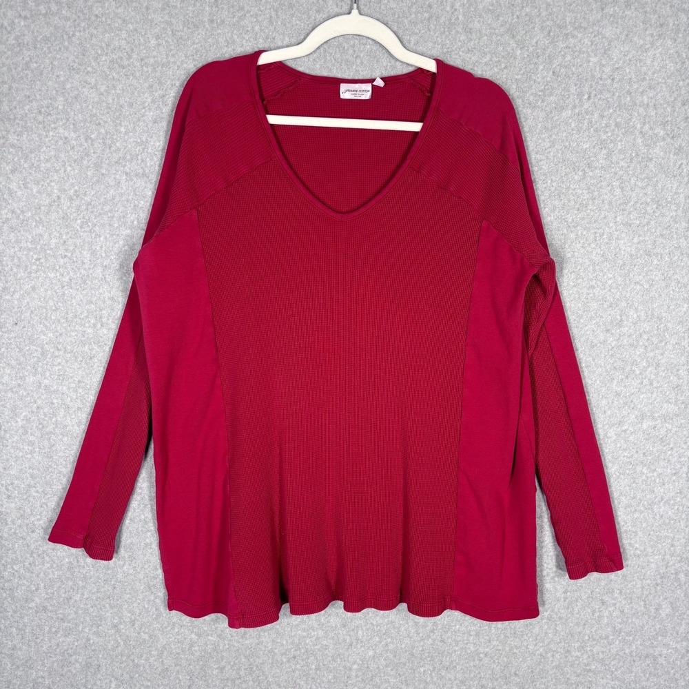 Prairie Cotton‎ Waffle Knit Top Large Red Thermal Oversized Lagenlook Comfy Cozy